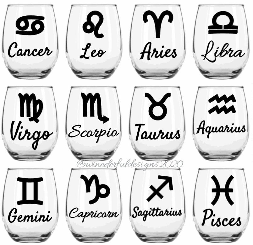 Zodiac Stemless Wine Glass - Aries, Aquarius, Gemini, Cancer, Leo, Libra, Taurus, Scorpio, Sagittarius, Pisces, Gemini, Capricorn - Birthday