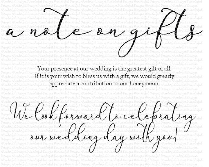 Honeymoon Fund Gift Note - Wedding or Bridal Shower Invitation Insert