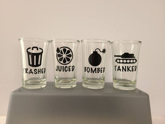 Set of 4! Tanked - Trashed - Juiced - Bombed